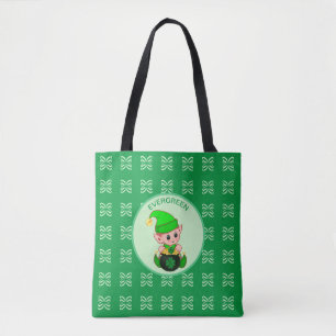 Tote Bag Joli petit elfe avec trèfle & pièces d'or sur vert