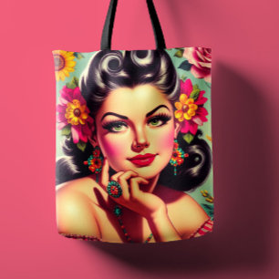 Tote Bag Joli portrait pin-up floral rétro