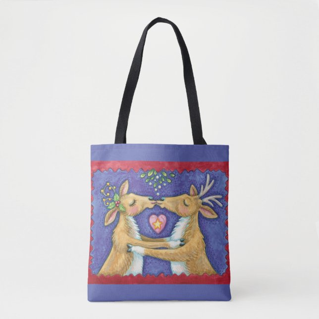 Tote Bag Joli renne de Noël, Baiser romantique avec Mistlet (Devant)