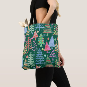 Tote Bag Joli sapin de Noël Rouge rose bleu sur Motif vert