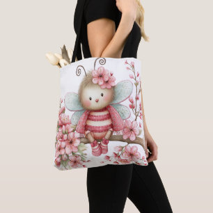 TOTE BAG JOLIE ABEILLE D'ÉTÉ ROSE ET BLANCHE ET FLEURS