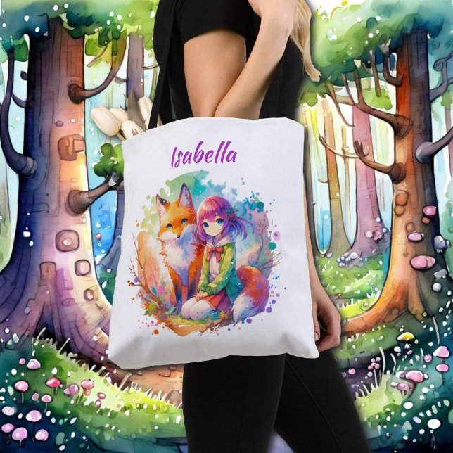 Tote Bag Jolie aquarelle Anime Girl et Fox (Créateur téléchargé)