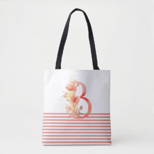 Tote Bag Jolie aquarelle Florale Lettre "B" Bande rose