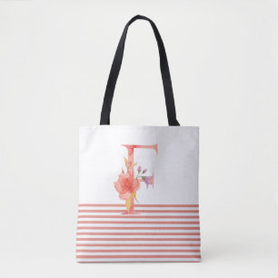 Tote Bag Jolie aquarelle Florale Lettre "F" Bande rose