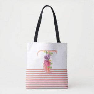 Tote Bag Jolie aquarelle Florale Lettre "T" Bande rose