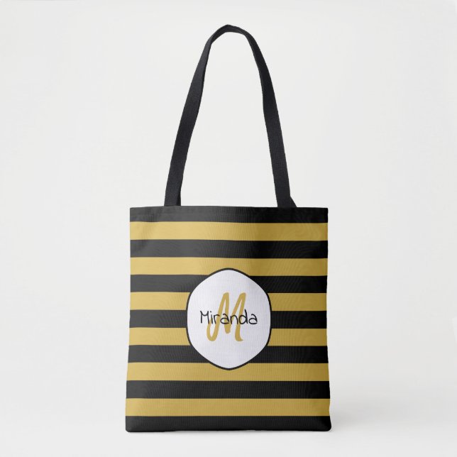 Tote Bag Jolie bande d'abeilles jaunes noires Nom et monogr (Devant)