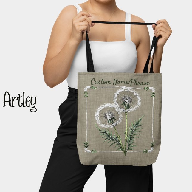 Tote Bag Jolie broderie Style Dandelions Nom personnalisé (Créateur téléchargé)