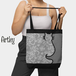 Tote Bag Jolie chatte noir et gris dentelle florale coupée