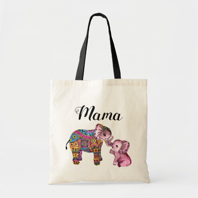 Tote Bag Jolie couleur Boho mère et bébé éléphant (Devant)