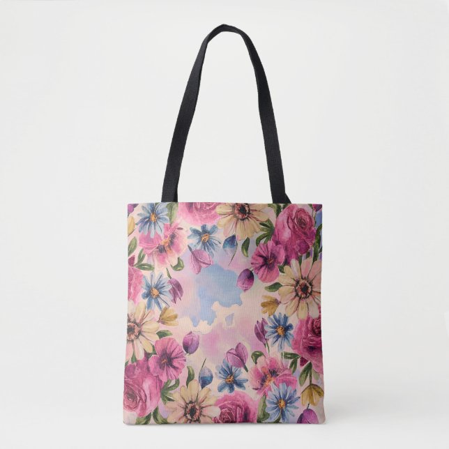 Tote Bag Jolie couleur pastel aquarelle florale (Devant)