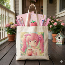 Jolie Fille d'Anime en Rose Buvant du Thé à Bulles