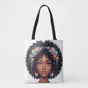 Tote Bag Jolie Fille Noire avec Couronne de Fleurs Afro