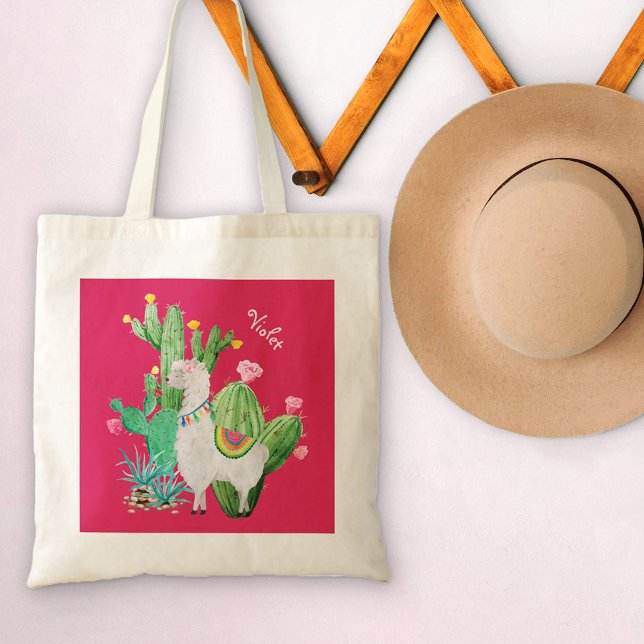Tote Bag Jolie Llama à Cactus Jardin aux fleurs roses (Créateur téléchargé)