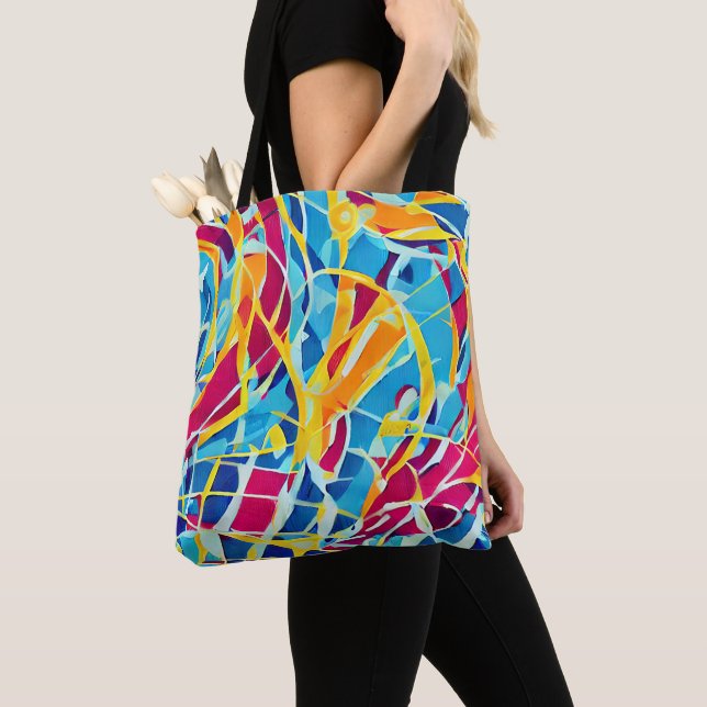 Tote Bag Jolie oeuvre rétro Blue Pink tendance abstrait (De près)
