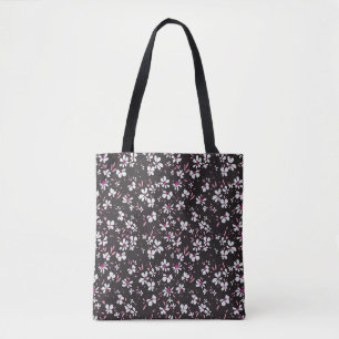 Tote Bag jolie petite fleur blanche rose avec fond noir