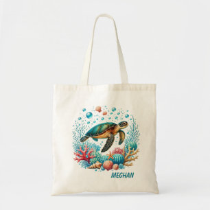 Tote Bag Jolie plage mer tortue ajouter nom