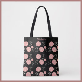 Tote Bag Jolie Roses roses roses avec feuillage sur noir