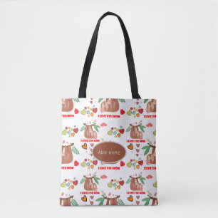 Tote Bag Jolie Sloth Brown Motif Je t'aime Maman Coeurs
