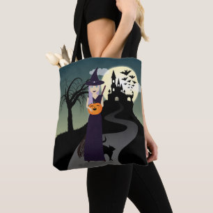 Tote Bag Jolie sorcière d'Halloween, Citrouille heureux et
