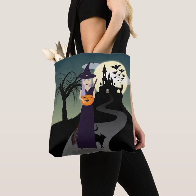 Tote Bag Jolie sorcière d'Halloween, Citrouille heureux et  (De près)