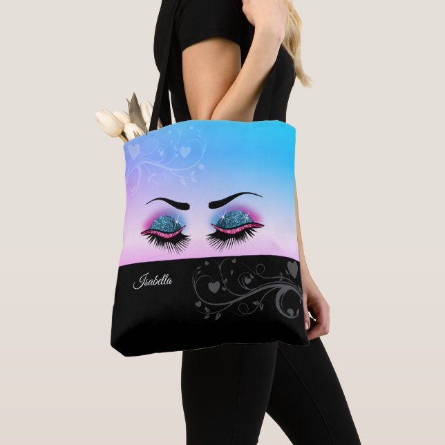 Tote Bag Jolies cils - Parties scintillant rose et bleu (De près)