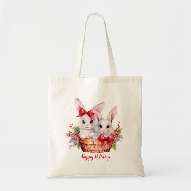 Tote Bag Jolies lapines de Noël dans une corbeille (Devant)
