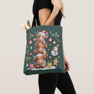 Tote Bag Jolis arbres de Noël de vache des Highlands, choco