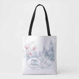 Tote Bag Jolis lapins blancs dans la neige Vacances d'hiver