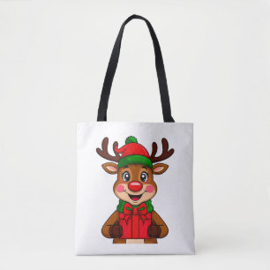 Tote Bag Jolis rennes de Noël tenant un cadeau