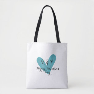 Tote Bag Joyeuse Saint-Valentin turquoise cœur nom lettre