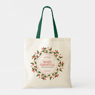Tote Bag Joyeuse typographie de Noël & couronne de baies ro
