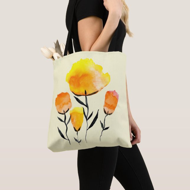 Tote Bag Joyeuses fleurs orange et jaune (De près)