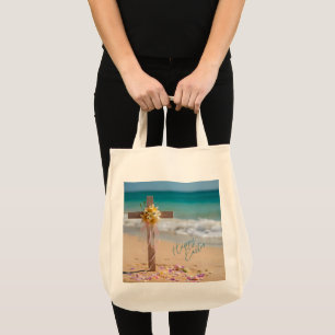 Tote Bag Joyeuses Pâques Croix en bois avec lis sur la plag