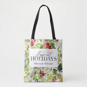 Tote Bag Joyeuses vacances aquarelle feuillage de noël