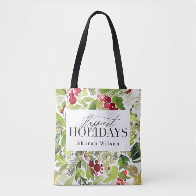 Tote Bag Joyeuses vacances aquarelle feuillage de noël (Devant)
