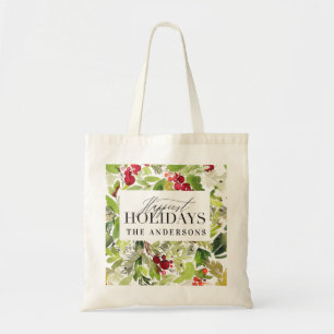 Tote Bag Joyeuses vacances aquarelle feuillage personnalisé