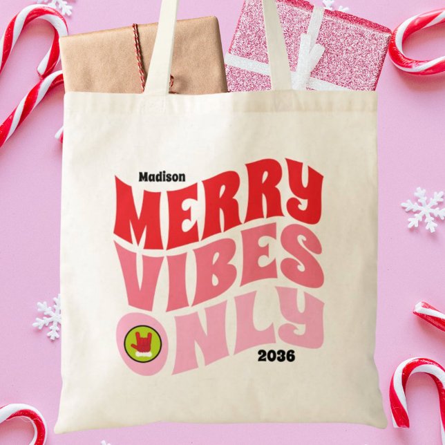Tote Bag Joyeuses Vibes Uniquement Rose Rouge Fun Fun Fun N (Merry Vibes Only Pink Red Fun Girly Christmas Tote Bag)