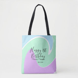 Tote Bag Joyeux 1er anniversaire rose vert bleu acrylique v