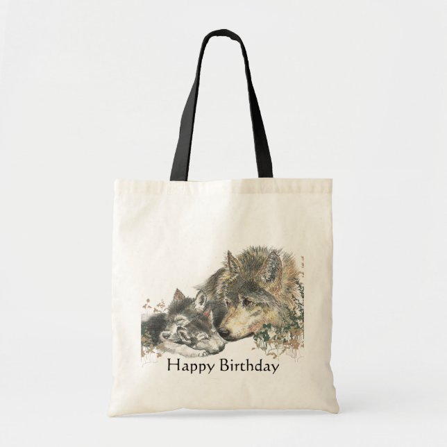 Tote Bag Joyeux Anniversaire Wolf & Cubs Animal Art (Devant)