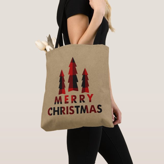 Tote Bag Joyeux Arbres de Noël Rustiques Buffalo Rouge Plai (De près)