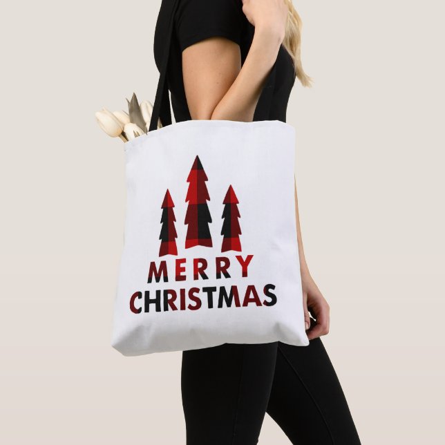 Tote Bag Joyeux Arbres de Noël Rustiques Buffalo Rouge Plai (De près)