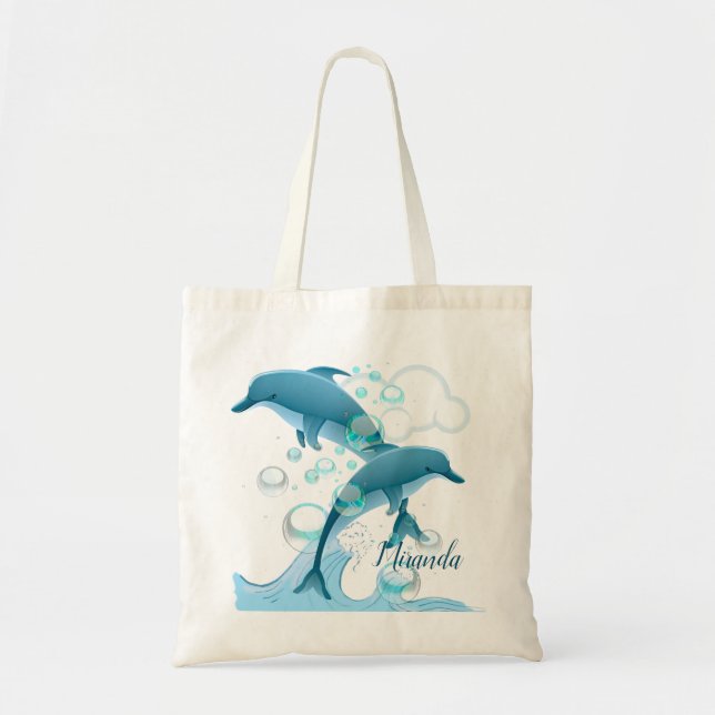 Tote Bag Joyeux dauphin de saut avec des bulles (Devant)