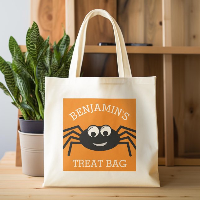 Tote Bag Joyeux Halloween avec le nom mignon Spider Treat (Custom Tote Bag)