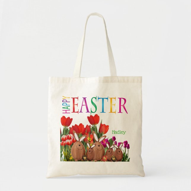 Tote Bag Joyeux lapins de Pâques avec tulipes (Devant)