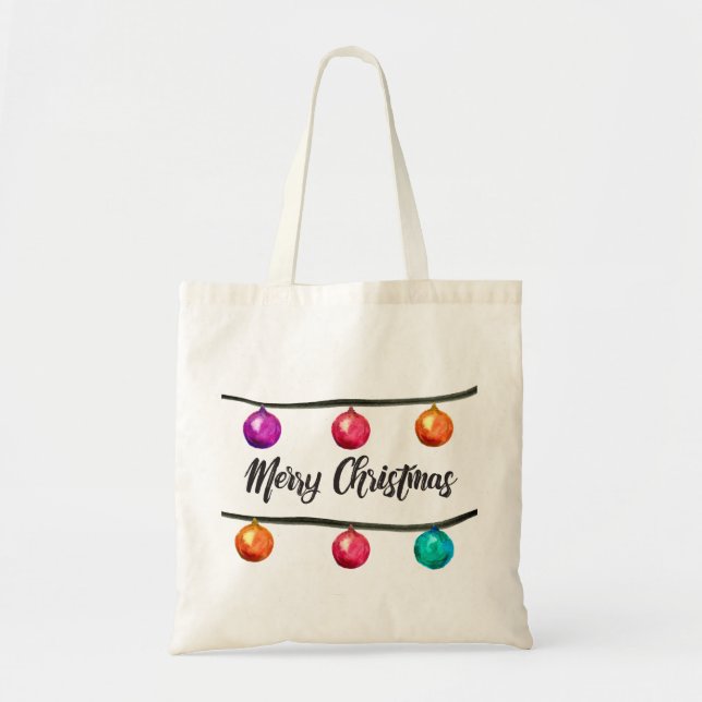 Tote Bag Joyeux Noël Aquarelle Boules d'ornement (Devant)