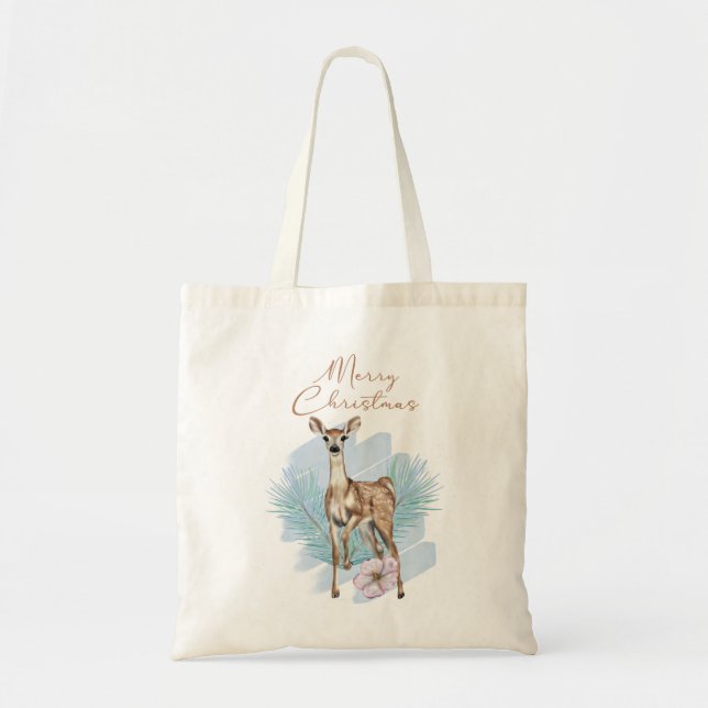 Tote Bag Joyeux Noël aquarelle Cerf Holly Feuilles (Devant)