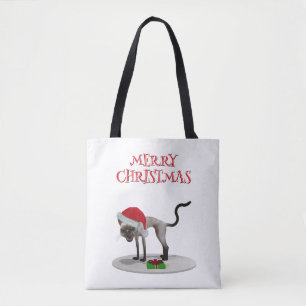 Tote Bag Joyeux Noël. Chat avec chapeau de Père Noël