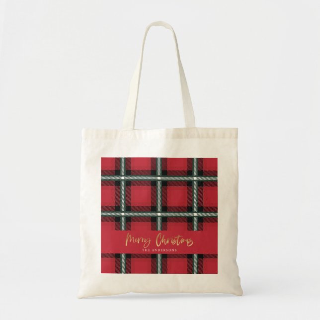 Tote Bag Joyeux Noël de l'écriture or rouge tartan vacances (Devant)