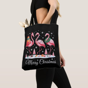 Tote Bag Joyeux Noël Flamant Rose Lumineux Chapeau de Père