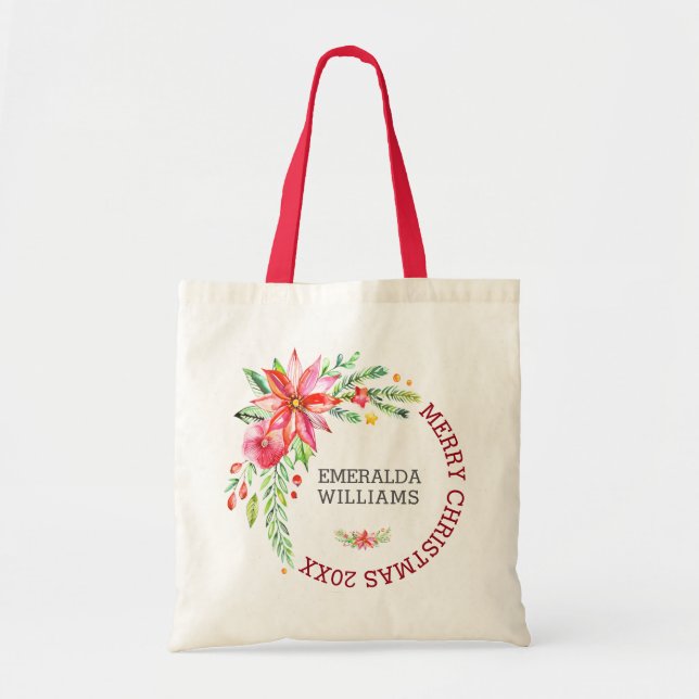 Tote Bag Joyeux Noël Floral Fleurs Bouquet & Texte 2 (Devant)